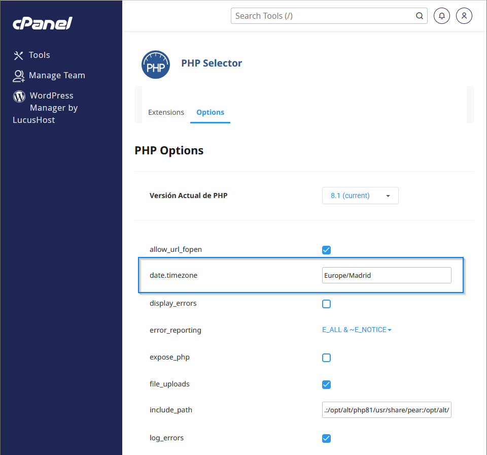 Cambiar la zona horaria de PHP desde cPanel