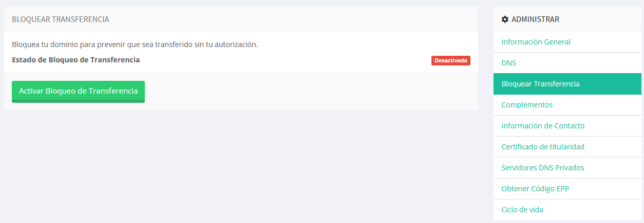 Activar el bloqueo de transferencia de un dominio en LucusHost