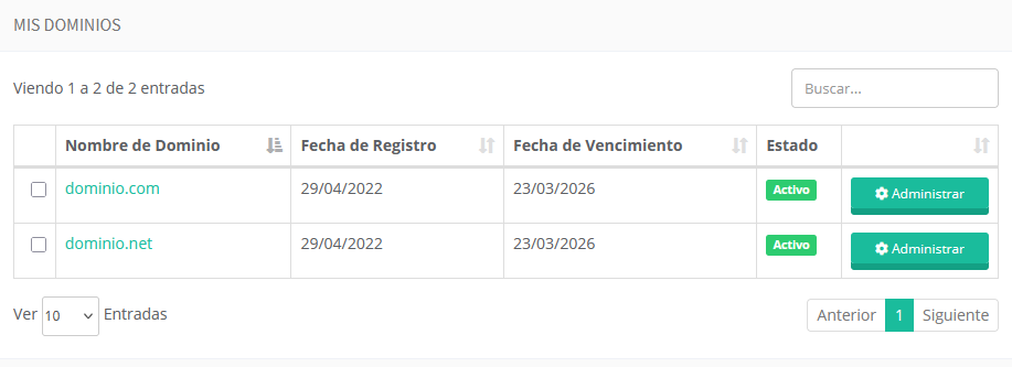Botón de administrar dominios en el área de clientes de LucusHost