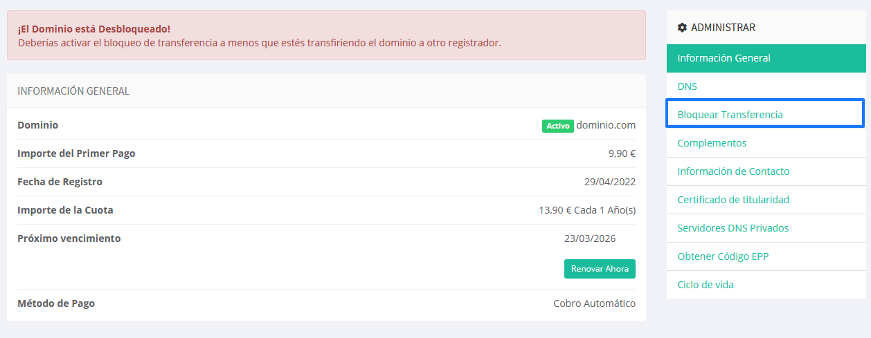 Transferencia de un dominio desbloqueada en LucusHost