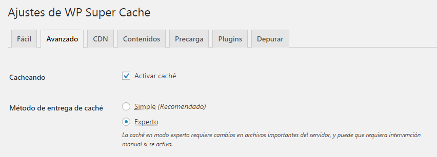 Configuración avanzada de WP Super Cache