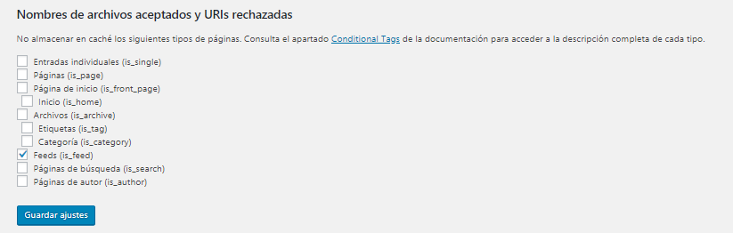 Nombres de archivos aceptados y URLs rechazadas en WP Super Cache