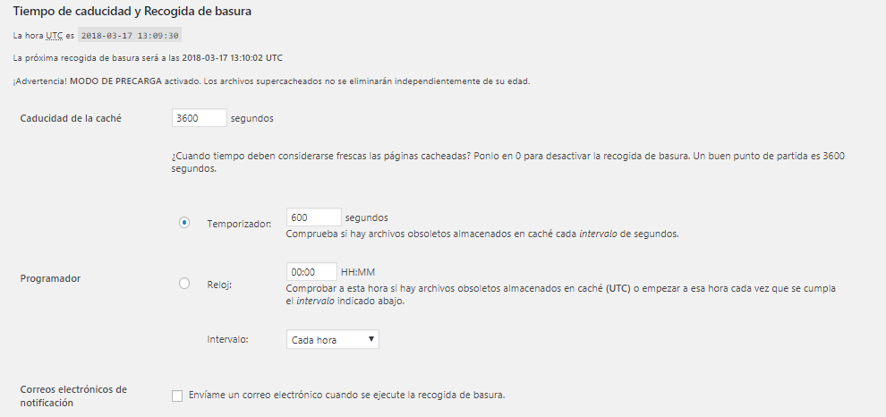 Tiempo de caducidad y recogida de basura en WP Super Cache