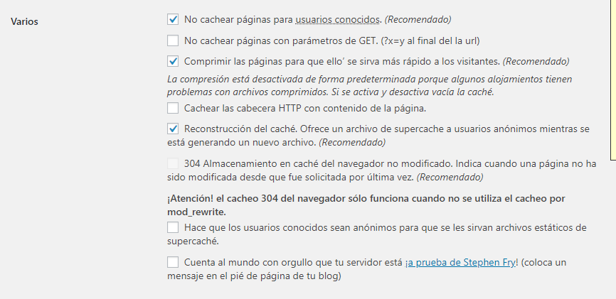 Sección Varios WP Super Cache