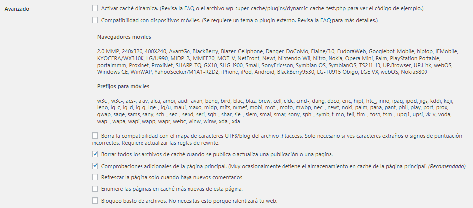 Sección Avanzados de WP Super Cache