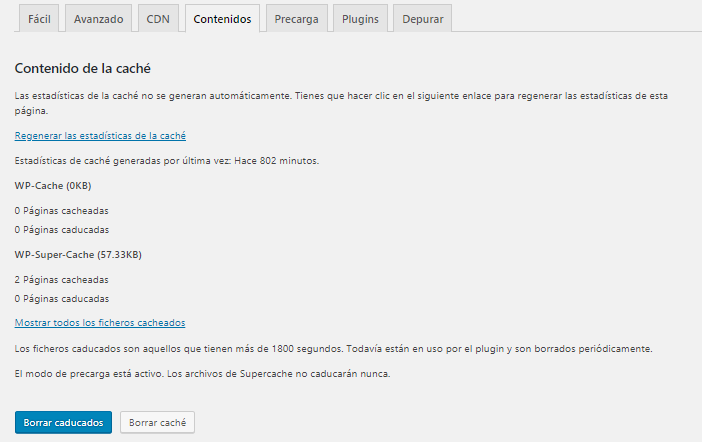 Contenido de la caché en WP Super Cache