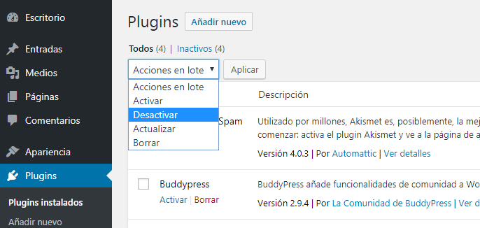 Desactivar plugins en WordPress