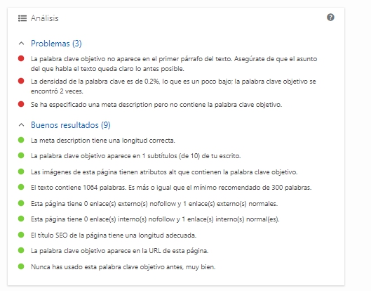 Ejemplo análisis Yoast SEO WordPress