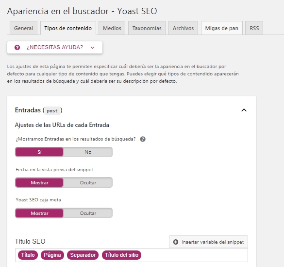 Sección Apariencia en el buscador de Yoast SEO