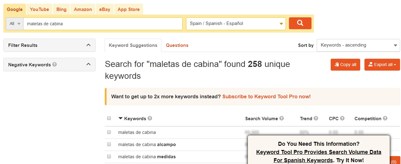 Cómo buscar keywords con Keword Tool
