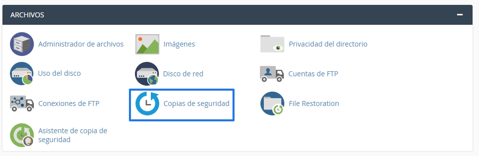 Sección Copias de Seguridad de cPanel