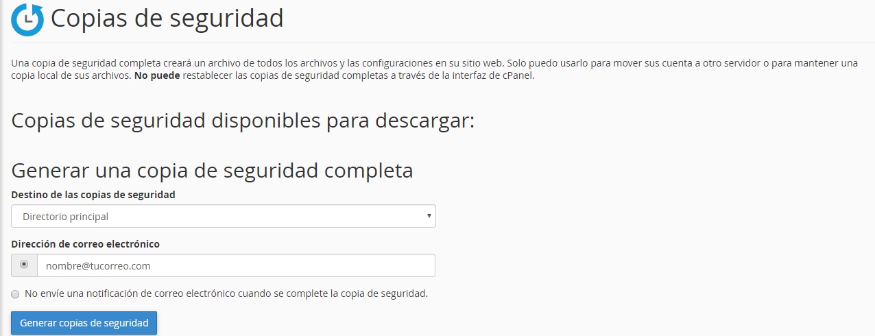 Generar copia de seguridad en cPanel