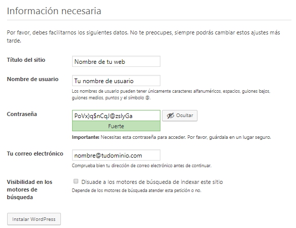 Información necesaria para completar la instalación de WordPress