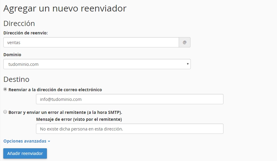 Añadir reenviador de cuentas de correo en cPanel