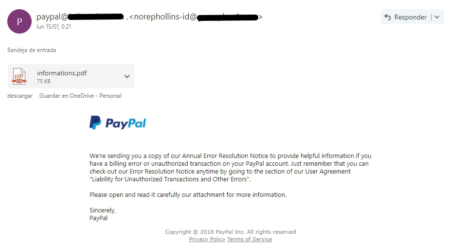 Ejemplo de email de phishing suplantando a PayPal