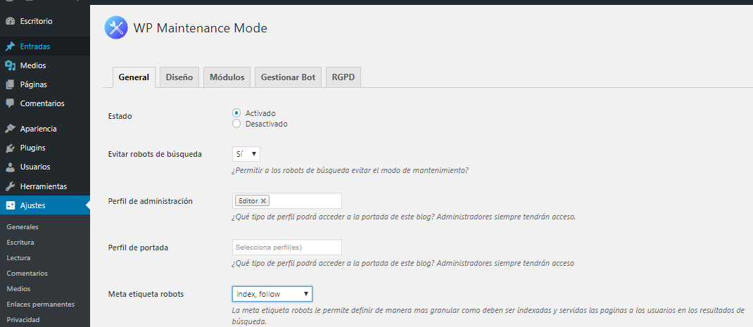 Pestaña General WP Maintenance Mode