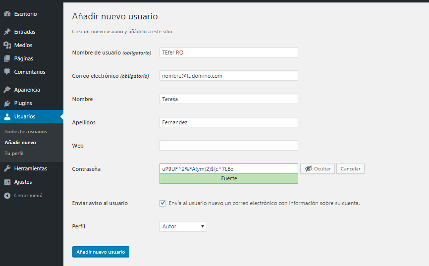 Crear un nuevo usuario en WordPress