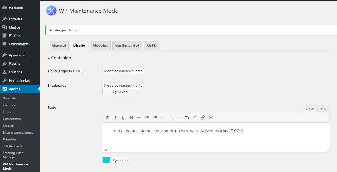 Pestaña Diseño WP Maintenance Mode