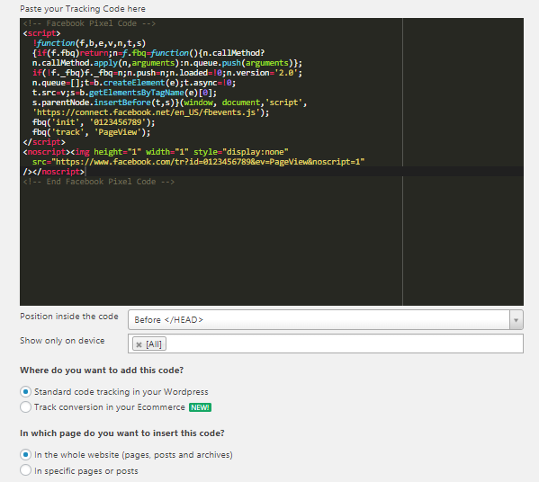 Instalar el píxel de Facebook en WordPress con Tracking Code Manager