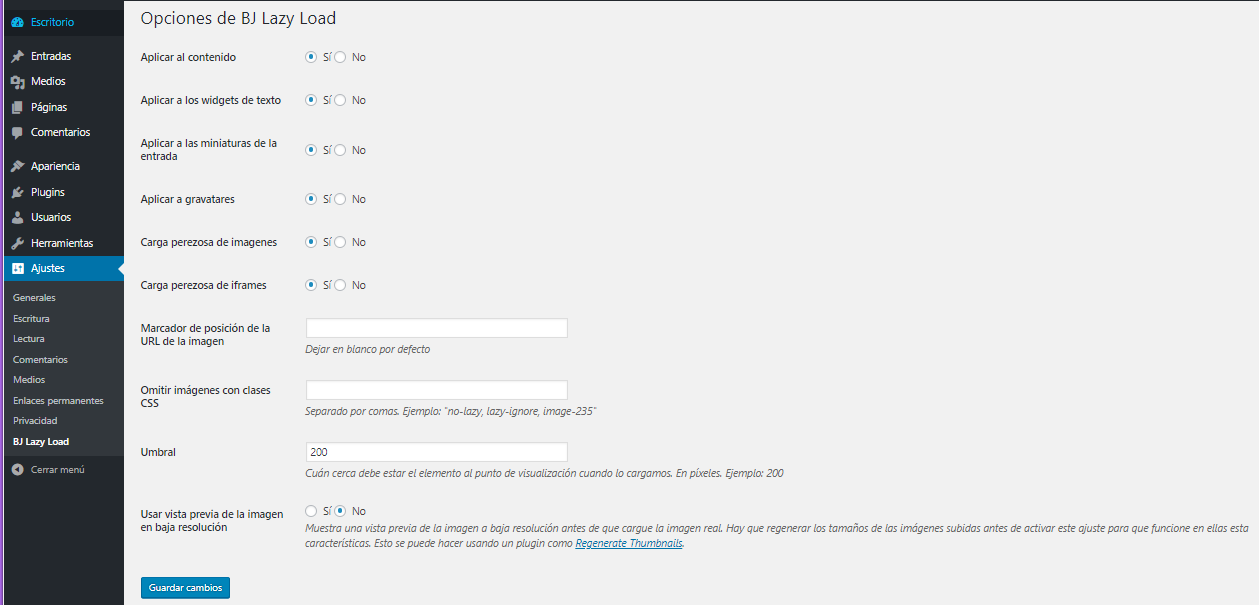 Configuración BJ Lazy Load en WordPress