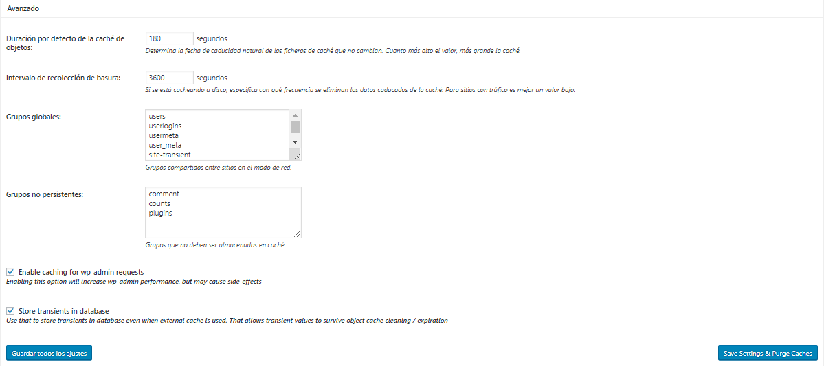 Ajustes avanzados de caché de objetos W3 Total Cache de WordPress