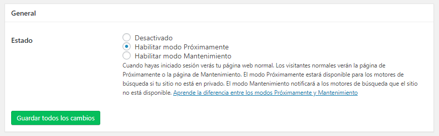 Ajustes generales Plugin página en construcción