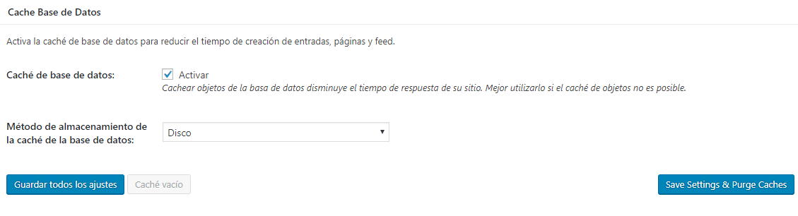 Cache de Base de Datos W3 Total Cache de WordPress
