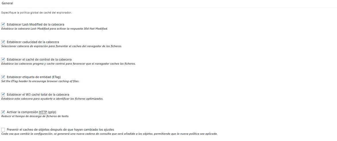 Ajustes avanzados Cache del navegador W3 Total Cache de WordPress
