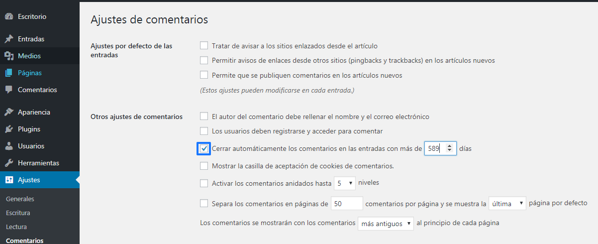 Desactivar los comentarios en las entradas nuevas y antiguas