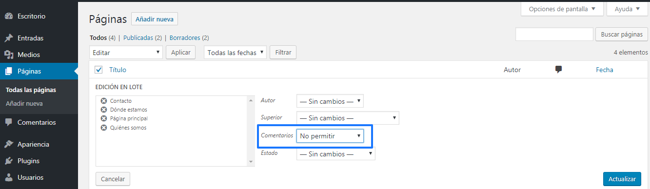 Desactivar comentarios páginas de WordPress