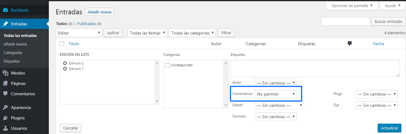 Desactivar comentarios en WordPress de forma masiva