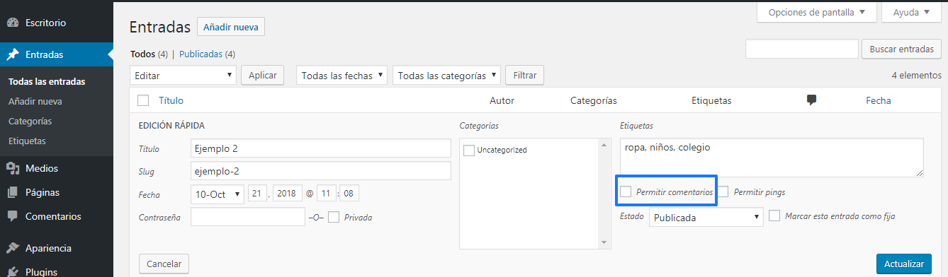 Desactivar los comentarios de WordPress para algún artículo en concreto