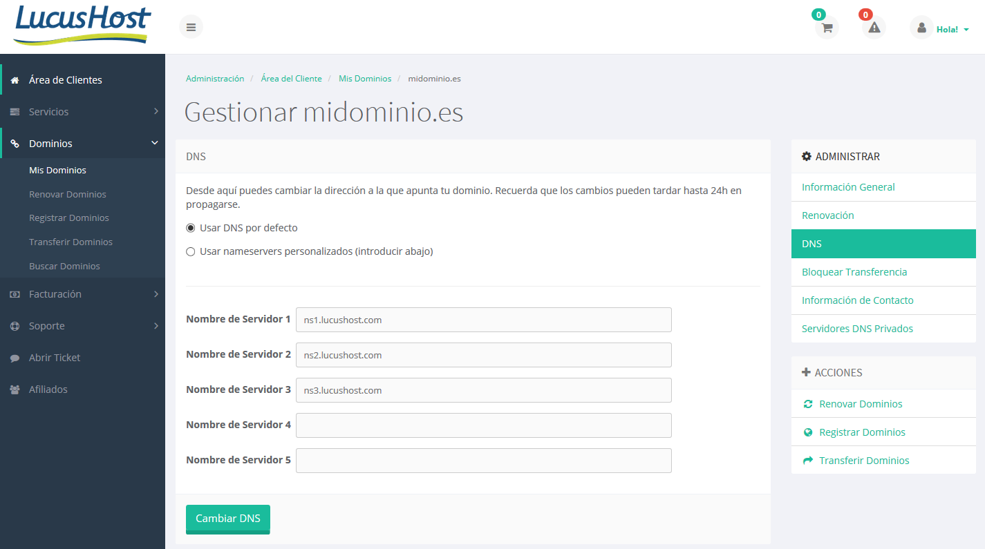 Cambiar los DNS desde el área de cliente de LucusHost