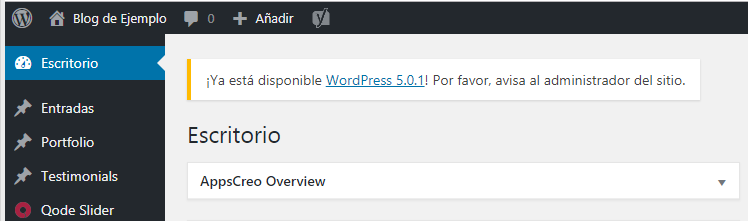 Alerta del dashboard para actualizar a WordPress 5.0.