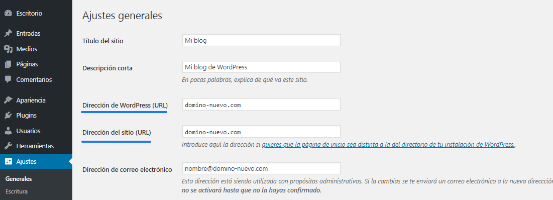 Ajustes generales de WordPress