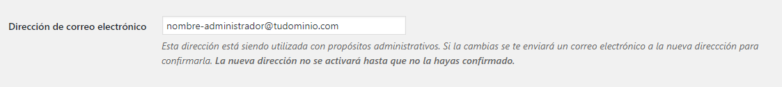 Ajustes generales WordPress: Dirección de correo electrónico