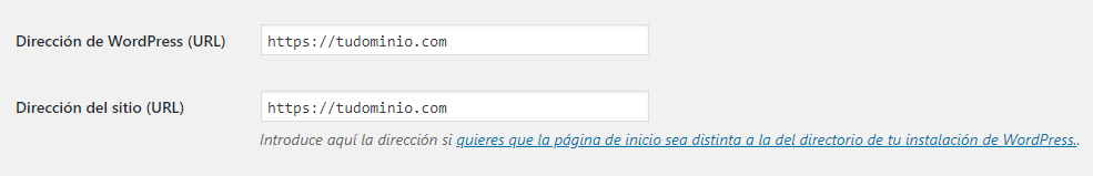 Ajustes generales WordPress: Dirección URL