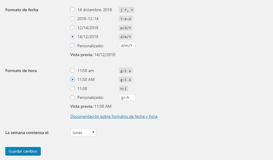 Ajustes generales WordPress: Formato fecha y hora