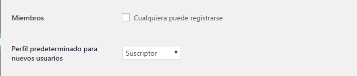 Ajustes generales WordPress: Miembros y Perfil predeterminado para nuevos usuarios