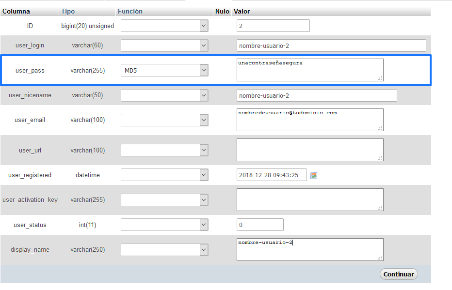 Cambiar contraseña WordPress desde cPanel (Paso 3)