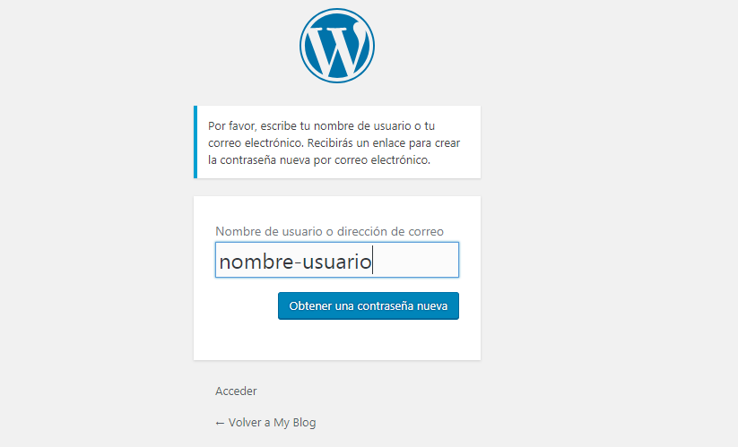 Cambiar contraseña WordPress: Formulario de acceso a WordPress (2º paso)