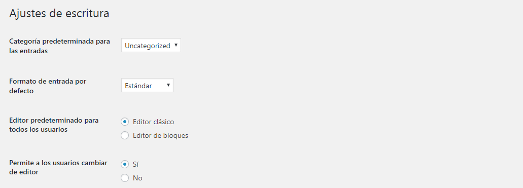Ajustes de escritura del editor clásico de WordPress