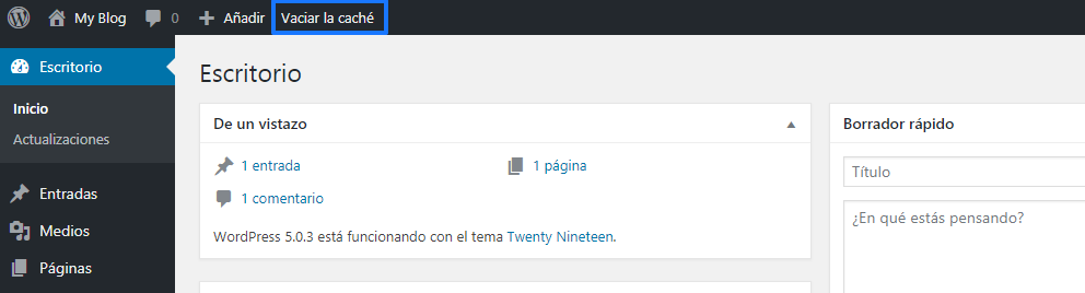 Borrar caché WordPress con Clear Cache for Me