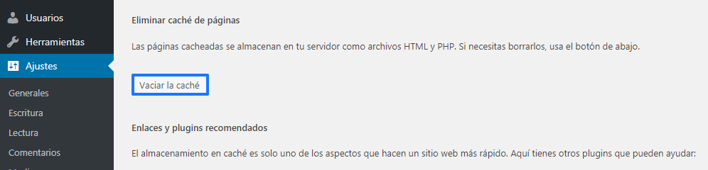 Borrar caché WordPress con WP Super Cache