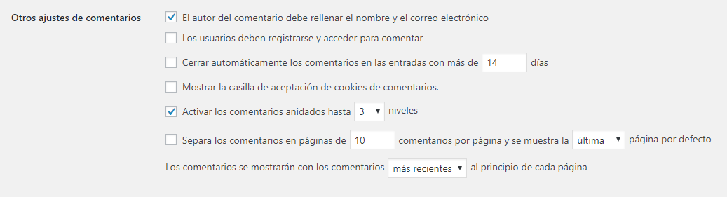 Configurar WordPress Ajustes de comentarios