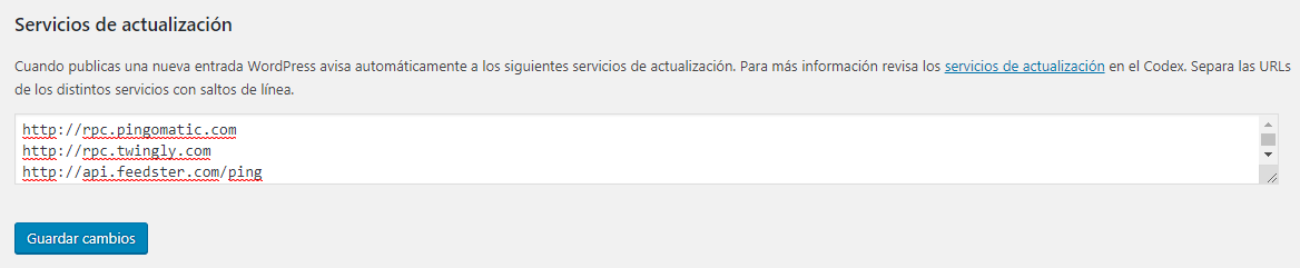 Configurar WordPress Servicios de actualización