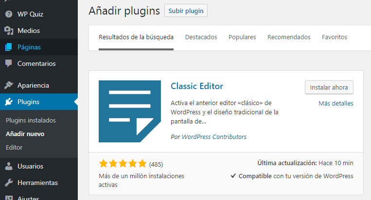 Volver al editor clásico de WordPress con Classic Editor