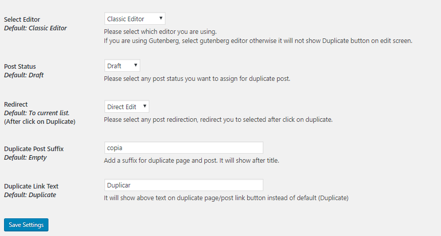 Configuración Duplicate Page and Post