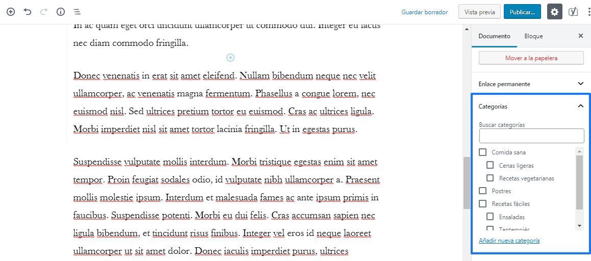 Asociar categorías en WordPress con Gutenberg