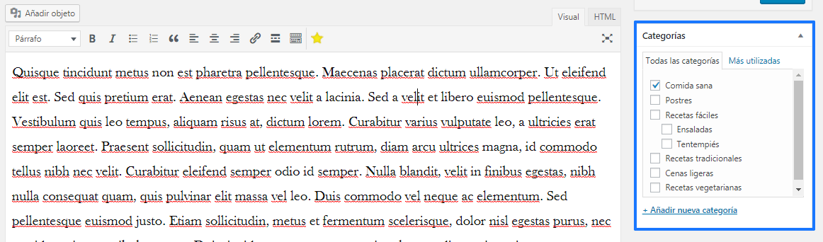 Asociar categorías en WordPress Editor Clásico